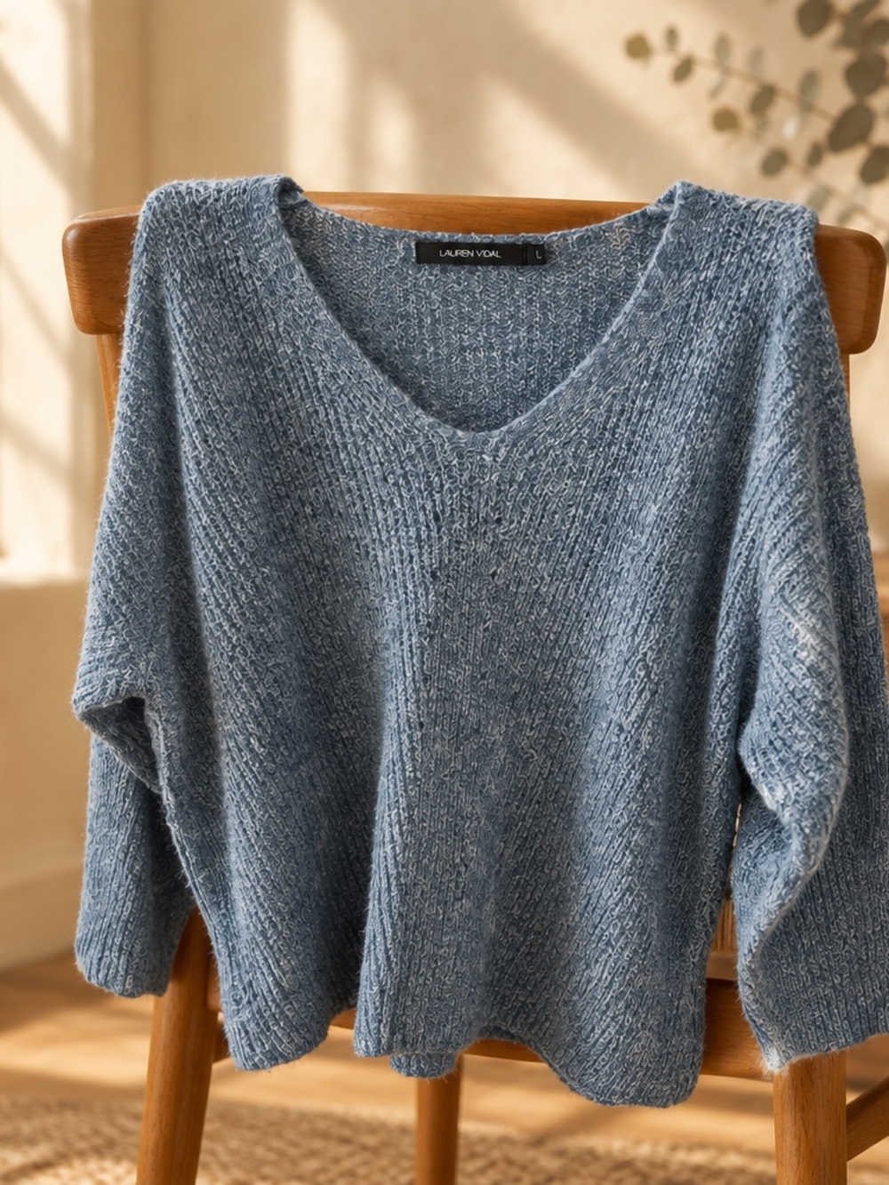 Lauren Vidal Heathered Sky-Blue V-Neck Sweater